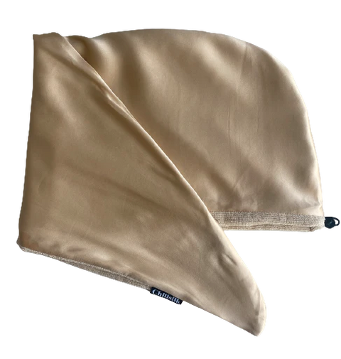 SEVIETTE TURBAN ABSORBANTE EN SOIE ET MICROFIBRE BEIGE DOREE